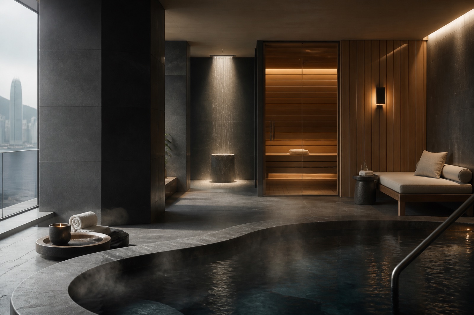 Thermal pool and cedar sauna at Laodemy House