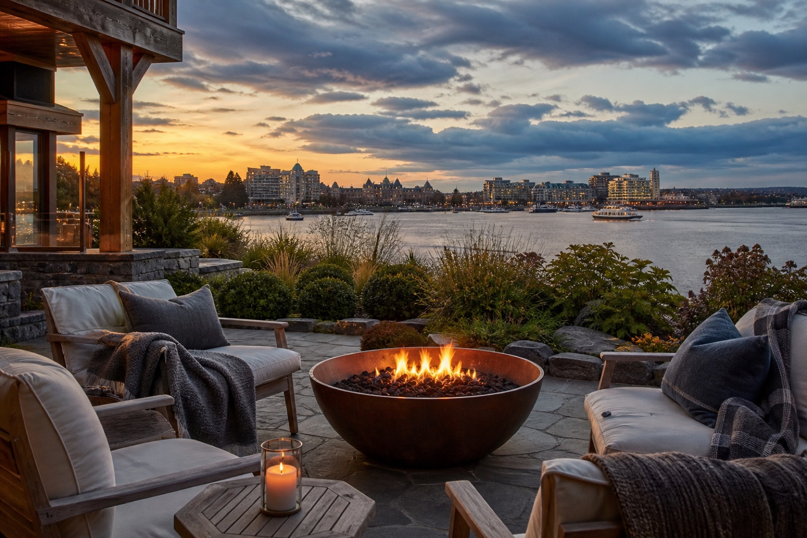 Harbour terrace with a copper fire bowl